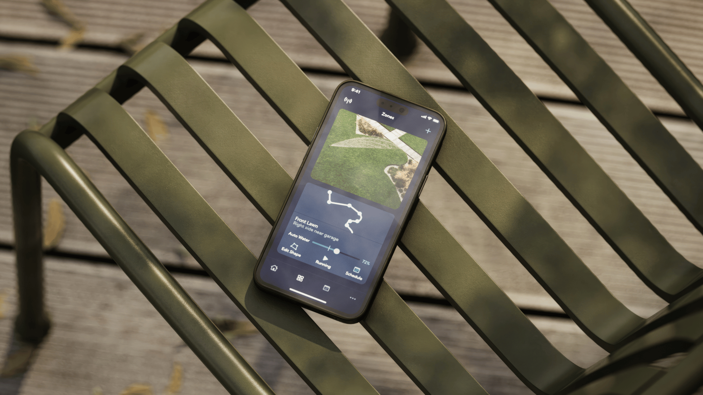 view of the Irrigreen app's zones page on a lawn chair