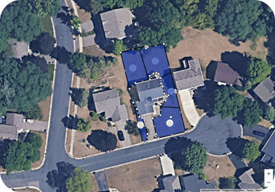 Animated demo of Irrigreen AI-powered Design My Lawn tool showing sprinkler head placement and coverage planning