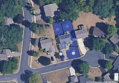 Animated demo of Irrigreen AI-powered Design My Lawn tool showing sprinkler head placement and coverage planning