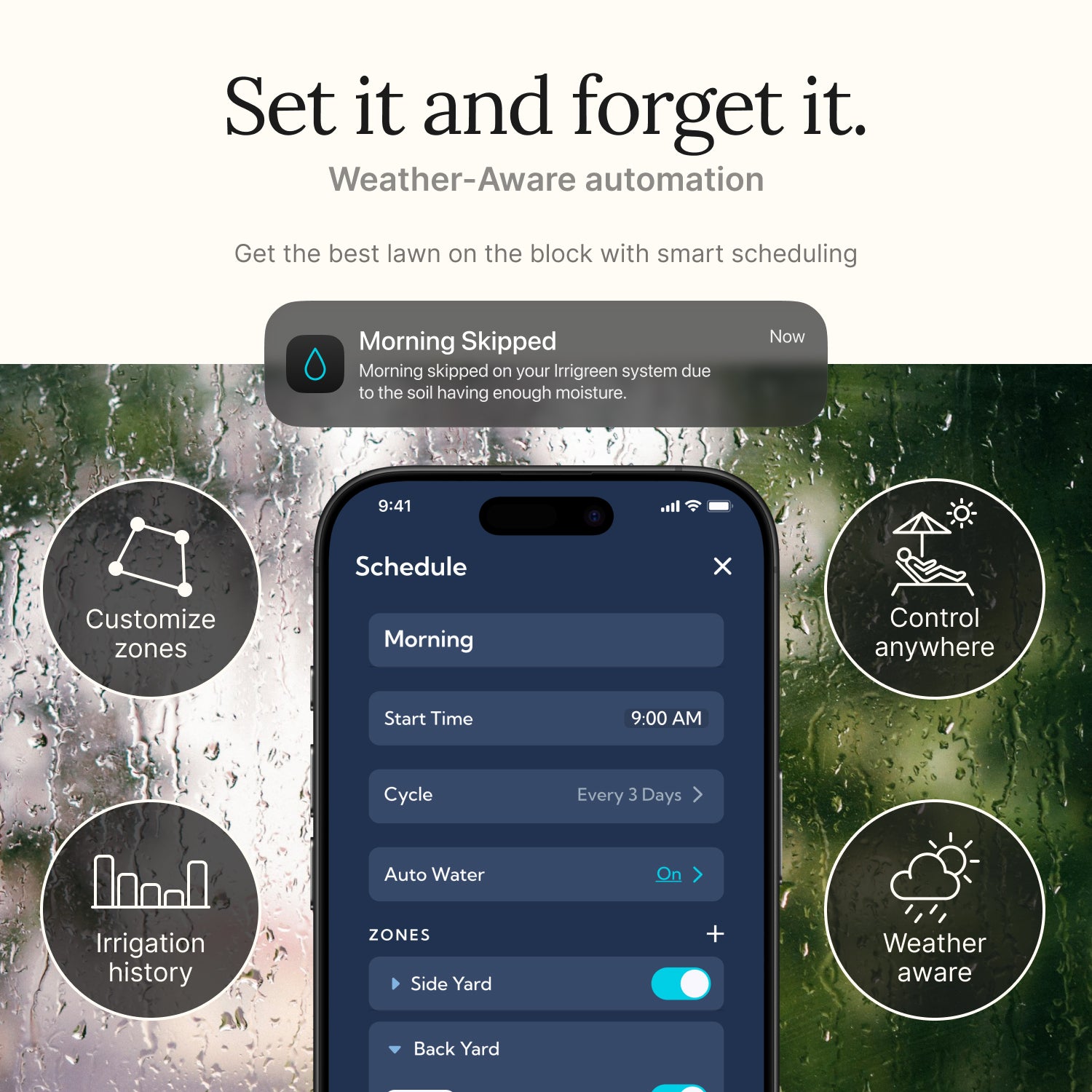 Irrigreen smart irrigation system app with weather-aware automation features on a smartphone screen.