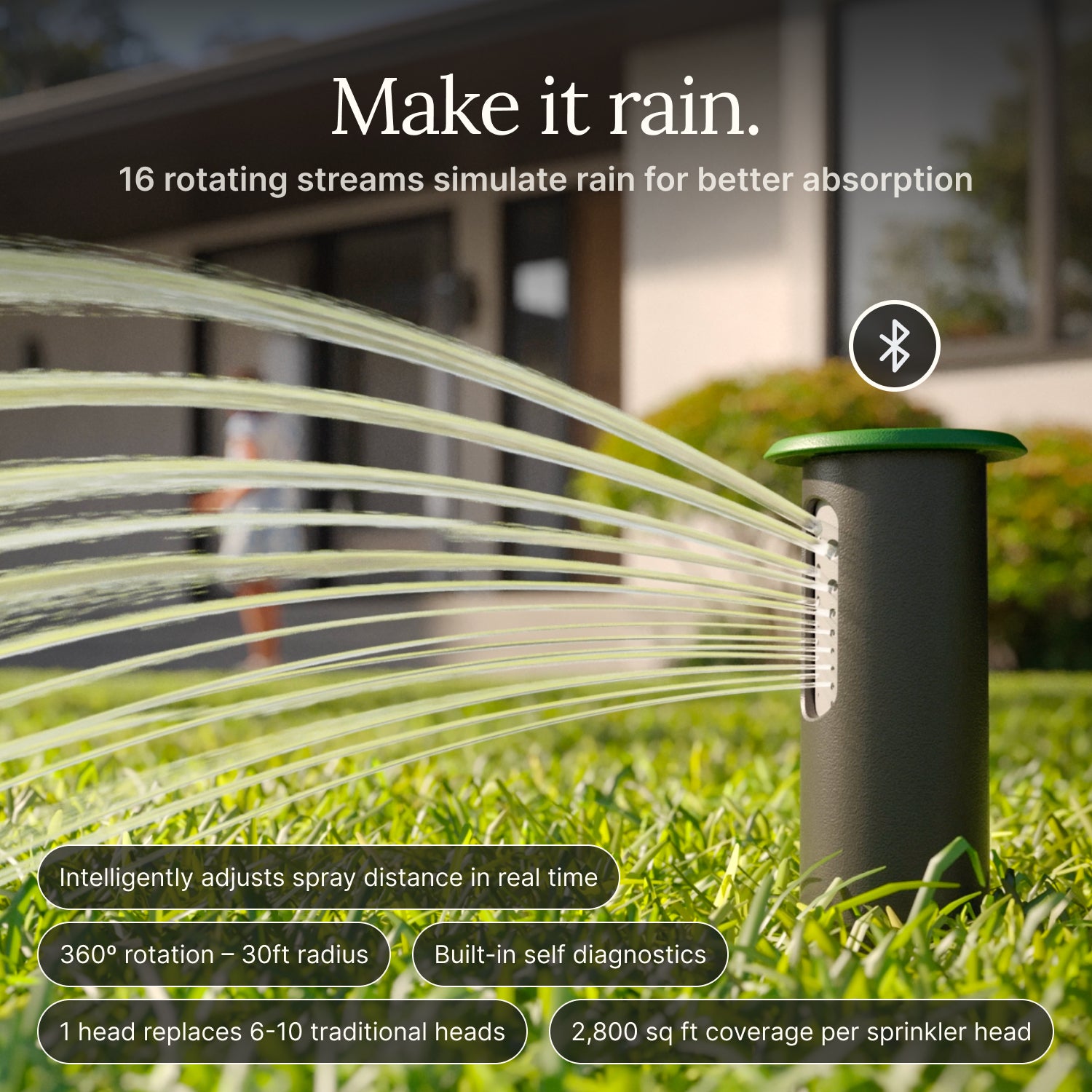 Irrigreen smart sprinkler head 3 spraying water through 16-port nozzle with additional feature call-outs